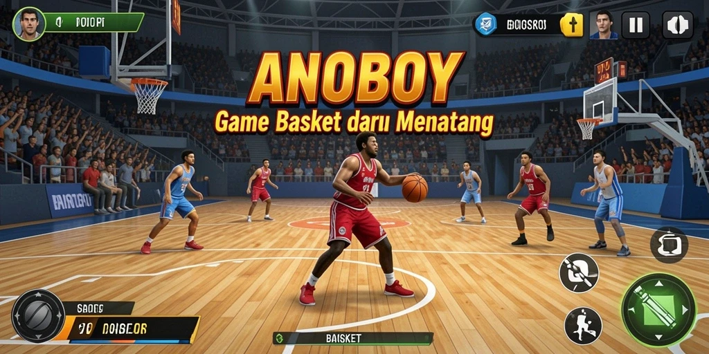 Tampilan antarmuka ANOBOY dengan aksi bermain basket yang seru