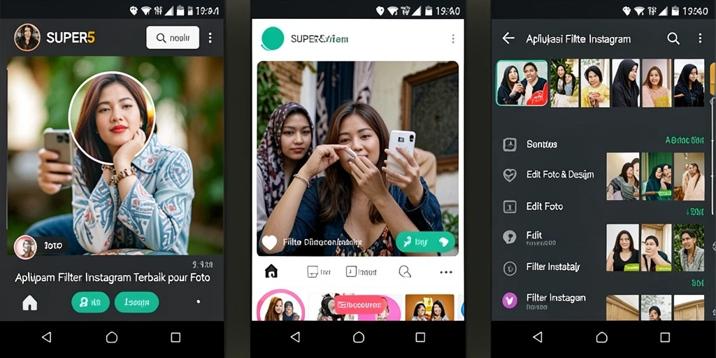Antarmuka aplikasi SUPER5 yang menawan dan fitur filter Instagram yang lengkap.